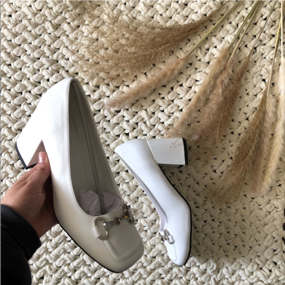 Women's Closed Square Toe Pumps Slip-on Mid Heel  Chunky Heels with Buckle